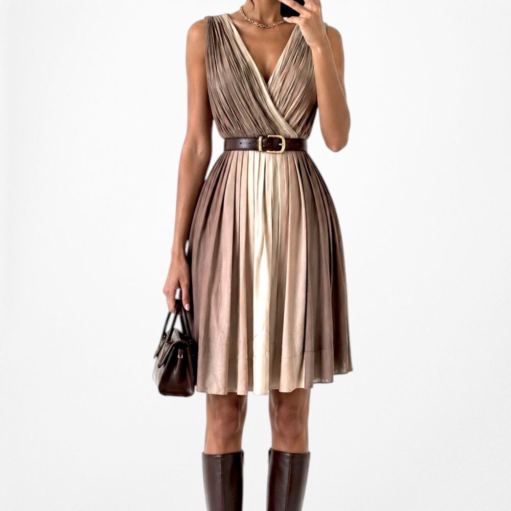 Vintage Y2K 90s Brown V-Neck Pleated Flared Knee Length Cocktail Dress Size 4/M